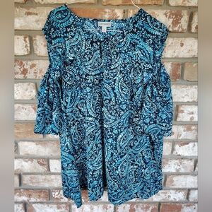Catherines Blue Floral Paisley Cold Shoulder Short Sleeve Top 3X Casual Travel